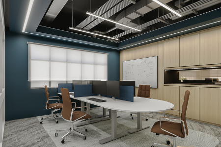 Modern office meeting room with a white oval table, ergonomic chairs, teal walls, and a dynamic exposed ceiling with linear lighting. This office meeting space is the epitome of modern design, engineered for dynamic productivity and sleek aesthetics. At the room's center, an oval-shaped white meeting table provides a focal point for collaboration, surrounded by ergonomic office chairs in a rich brown, promoting comfort and style. The deep teal walls offer a bold contrast, energizing the space and encouraging creative thinking. Overhead, the exposed ceiling reveals an intricate array of industrial elements, including ductwork and linear lighting, that create a visually interesting pattern while illuminating the room effectively. To the right, a kitchenette area with light wood cabinetry and an elegant black countertop provides a convenient break area, with a modern under-cabinet lighting system that adds warmth to the space. A large whiteboard is mounted on the wall, ready to capture the flow of ideas, while the textured gray carpet below ties the room together, offering both visual appeal and acoustic benefits. This meeting room is designed not just for function but also to inspire and energize its occupants with its thoughtful and contemporary design.