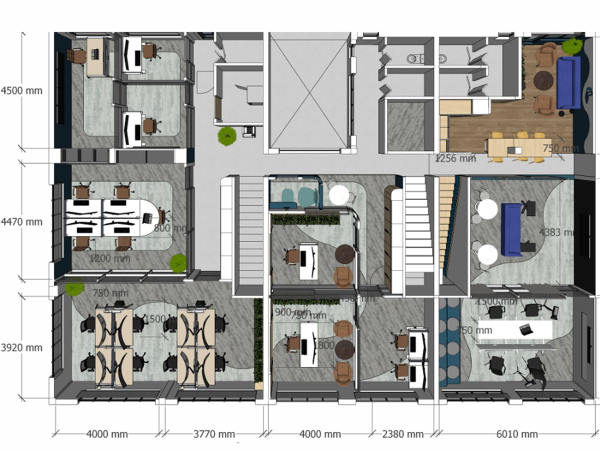 Top-down view of an office layout plan with detailed measurements, workstations, communal areas, and meeting rooms. This detailed office layout plan is a testament to strategic design, ensuring an optimal workflow and effective space management. It presents a comprehensive top-down view of an office environment, meticulously annotated with precise measurements to guide the placement of furniture and the flow of movement. Workstations are neatly arranged to maximize space and facilitate easy communication between colleagues, while private offices provide secluded areas for focused work. Communal areas are thoughtfully placed to encourage collaboration, featuring round tables and comfortable seating arrangements. Meeting rooms are designated for team discussions, equipped with all necessary amenities for productivity. Green spaces within the office, such as potted plants, are positioned to enhance the environment and promote well-being. This layout combines functionality with a modern aesthetic, creating a workspace that is both efficient and welcoming.