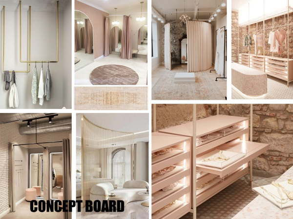 A collage of boutique interior design elements featuring pastel-colored dressing rooms with plush curtains, gold accents, exposed brick walls, and soft lighting. Discover the art of luxury retail design with this exquisite mood board, carefully curated to create an upscale boutique experience. The compilation features an array of interior design elements that blend classic elegance with modern sophistication. In the top-left, golden clothing racks suspended from the ceiling present a selection of high-end garments, juxtaposing functionality with a touch of glam. The top-right showcases an open fitting area, with soft, pastel drapery creating intimate spaces for clientele. In the center, a circular plush carpet lies at the heart of the boutique, inviting visitors to step into comfort and style. The bottom-left reveals a smartly designed dressing room fitted with mirrored doors and smooth, pink-toned seating, providing a spacious feel for trying on selections. On the bottom-right, illuminated shelves display neatly folded merchandise against a rustic brick wall, highlighting the products while adding an industrial edge. This mood board encapsulates the envisioned atmosphere of the boutique - one that promises a memorable and refined shopping encounter with every visit.