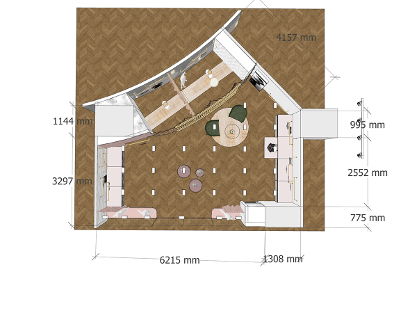 Overhead view of a boutique's detailed floor plan, showing precise measurements, layout of furniture, and the herringbone wood flooring pattern. This floor plan offers a bird's-eye view of a boutique's thoughtful design, meticulously plotted with precise measurements to ensure optimal use of space. The layout reveals a herringbone pattern wood flooring that provides both durability and a classic aesthetic foundation. Each furniture piece, from the circular central display table to the elegant seating arrangements, is strategically placed for both visual appeal and functional flow. The plan includes careful demarcations of clearances and walkways, ensuring ease of movement for customers as they explore the boutique. The 3297 mm by 6215 mm space is flanked by an intimate fitting area, marked by soft, inviting contours, enhancing the personalized shopping experience. This floor plan not only highlights the boutique's spatial dynamics but also serves as an indispensable tool for visualizing the potential of the retail space, embodying the seamless marriage of form and function in interior design.