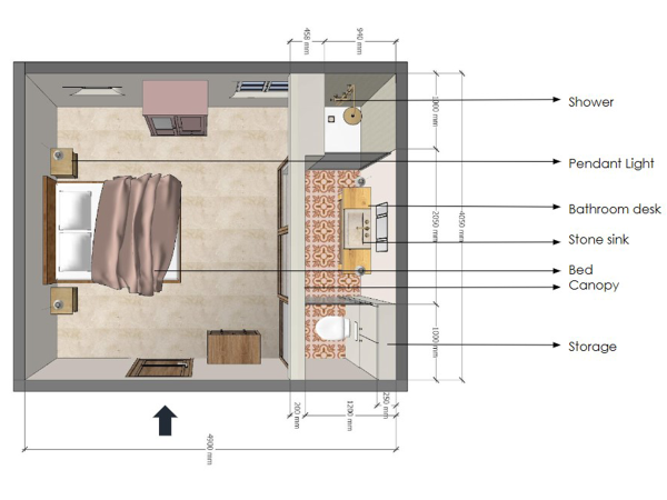Detailed top-down layout of a bedroom and bathroom, showcasing a canopy bed, pendant light, stone sink on a bathroom desk, and a spacious shower area.