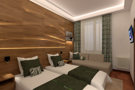 Cozy twin bedroom with wooden panel backdrop featuring integrated lighting, white bedding with green decorative accents, leaf-patterned curtains, and a small wall-mounted TV.