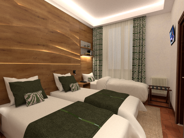 Cozy twin bedroom with wooden panel backdrop featuring integrated lighting, white bedding with green decorative accents, leaf-patterned curtains, and a small wall-mounted TV.