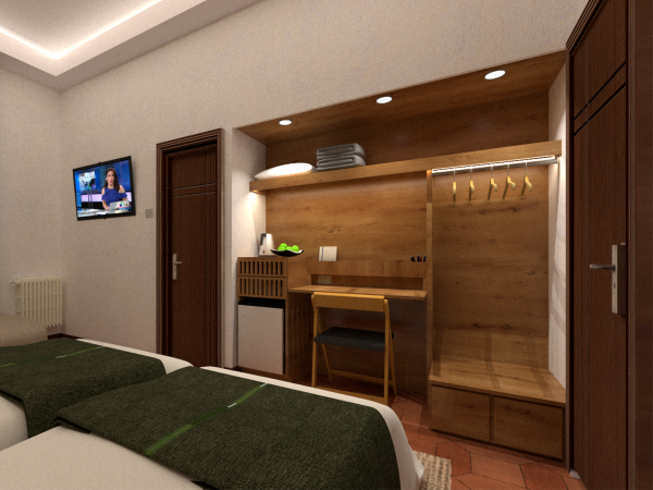 Hotel bedroom in mountain retreat style with twin beds, wood-paneled walls, integrated shelving with ambient lighting, and a cozy desk area.