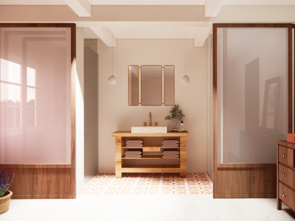 Elegant bathroom featuring a wooden vanity, patterned tile flooring, and sliding frosted glass partitions for adjustable privacy.