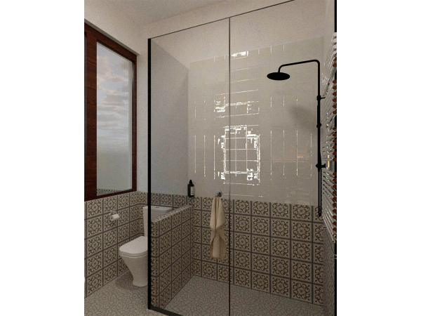 Luxurious hotel bathroom with a large glass walk-in shower, patterned tile walls, and a wooden framed window providing natural light.
