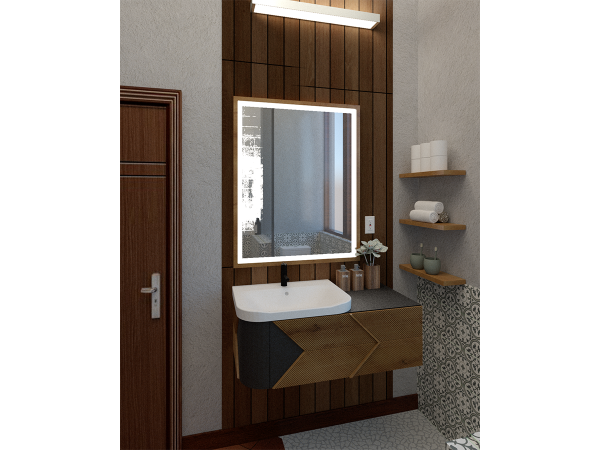 Hotel bathroom with a modern sink, wooden vanity with patterned panels, a large mirror framed by wooden slats, and floating shelves holding towels and pottery.