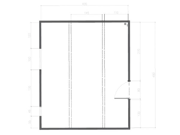 A detailed black and white architectural floor plan showing a layout with various rooms and dimensions marked in metric units, including pathways and wall thickness.