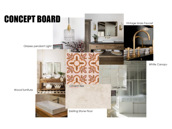 A diverse concept board for a bathroom showcasing a variety of elements: glasses pendant light, vintage brass faucet, white canopy, wood furniture, cement tiles, existing stone floor, and Zellige tiles.