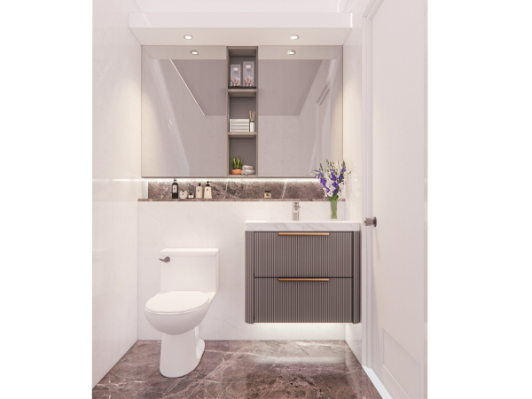 Elegant modern bathroom featuring a white floating vanity with a dark grey front, a sleek white toilet, and marble walls. The vanity is adorned with assorted toiletries and a vase of fresh purple flowers. This image captures a sophisticated corner of a modern bathroom, defined by its clean lines and luxurious materials. The space features a white floating vanity with a sleek dark grey front, complemented by a polished white toilet. The backdrop of glowing marble walls adds a timeless elegance, while carefully placed toiletries and a vase of vibrant purple flowers provide a touch of color and life. This bathroom design not only focuses on aesthetics but also on practicality, demonstrating a perfect blend of form and function.