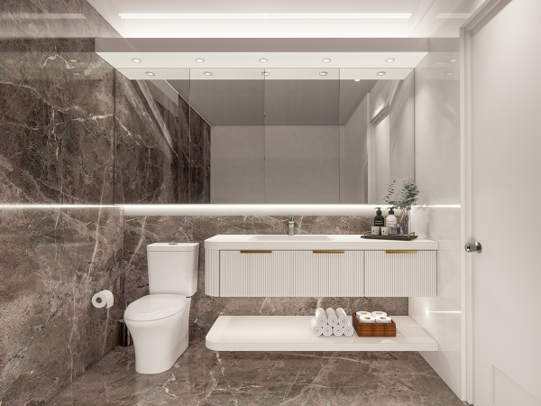 Contemporary bathroom featuring marble walls in rich dark tones, a sleek white vanity with integrated sink, and a toilet beside neatly arranged towels. This rendering showcases a contemporary bathroom design that epitomizes luxury and functionality. The space is defined by dark, richly veined marble walls that contrast beautifully with a sleek, white floating vanity. Above the vanity, a large mirror spans the length of the wall, enhanced by a horizontal light strip that adds a bright, clean glow, perfect for grooming tasks. Adjacent to the vanity, the toilet area is discreetly designed with accessibility in mind, complete with a stack of fresh towels housed in an open shelf, enhancing the room's practicality without sacrificing style. This bathroom design effectively combines elements of modern design with practical solutions, making it an ideal choice for those seeking a refined yet functional living space.