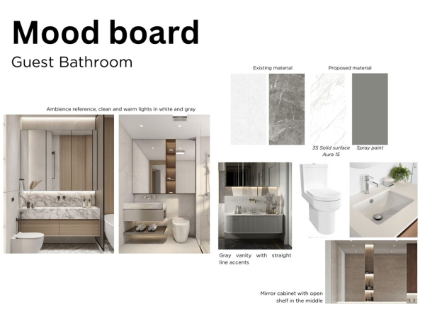 Mood board for a guest bathroom showcasing a comparison between existing and proposed materials alongside images of bathroom designs featuring clean, warm lighting in white and gray tones. This mood board presents a refined design concept for a guest bathroom, focusing on creating an ambiance of cleanliness and warmth through a palette of white and gray. The board contrasts existing materials with proposed new ones, such as 3S Solid surface Aura 15 and neutral spray paint. Design elements displayed include a gray vanity with sleek line accents and a central open-shelved mirror cabinet, aimed at enhancing the room's aesthetic and functionality. The board serves as an inspiration for integrating sophisticated textures and hues to craft a tranquil and inviting bathroom space.
