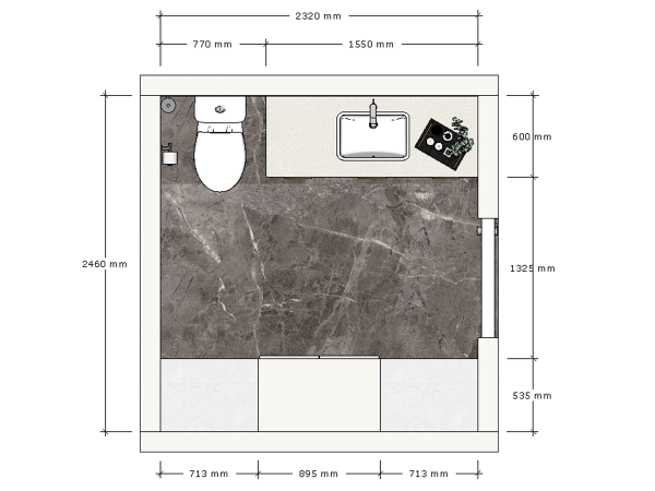Architectural drawing of a bathroom layout showing detailed measurements and placement of fixtures including a toilet, sink, and storage area, all set on a marble background. This detailed layout diagram provides a clear blueprint for a bathroom design, emphasizing efficient use of space and modern aesthetics. The plan shows precise dimensions for each section of the bathroom, including a centrally placed sink, adjacent toilet, and cleverly integrated storage solutions. The use of luxurious marble textures for the flooring and walls enhances the overall elegant appearance, while the strategic arrangement of the fixtures maximizes both functionality and style. This layout not only serves as a practical guide for construction but also illustrates the thoughtful consideration of design elements to create a harmonious bathroom environment.