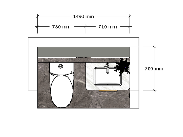 Technical drawing of a bathroom sink and toilet layout showing detailed measurements in millimeters. The design includes a sink with a top view and a toilet positioned to the left, set against a marble backdrop. This detailed technical drawing outlines the precise dimensions of a bathroom layout, featuring a top view of a sink and adjacent toilet. Measuring 1490 mm by 700 mm, the plan highlights a marble surface that adds a touch of luxury, with the sink and toilet meticulously placed to maximize space and functionality. The layout is designed for optimal ease of use and aesthetic harmony, demonstrating how strategic planning can transform a compact space into an elegant and practical bathroom.