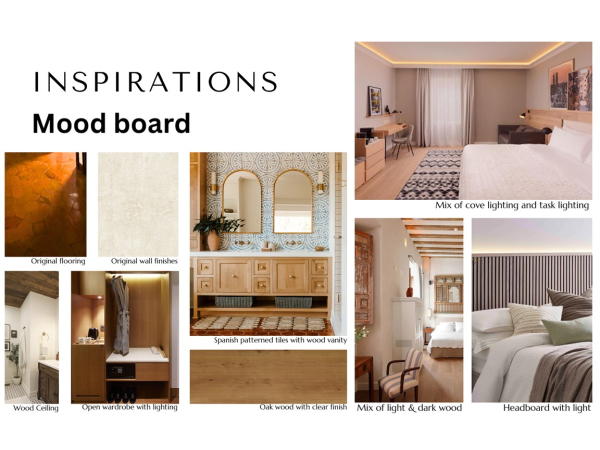 A mood board collage displaying a variety of interior design inspirations including original flooring, wall finishes, wood elements, and modern lighting solutions. This mood board titled "Inspirations" serves as a visual compendium for interior design, combining traditional and contemporary elements. It features a range of textures and materials that inspire warmth and comfort. The images include original terracotta flooring, rich wall finishes, wood ceilings, and a variety of wood finishes from light to dark shades. Furniture pieces like a Spanish patterned tiles vanity, an open wardrobe with integrated lighting, and a stylishly lit headboard in a bedroom setting showcase how lighting can enhance both the functionality and aesthetics of a space. This mood board is a guide to blending diverse materials and lighting to create inviting, cohesive interiors.