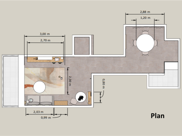 A floor plan of a living room showing the layout of furniture including a sofa, coffee table, dining table, and chairs.