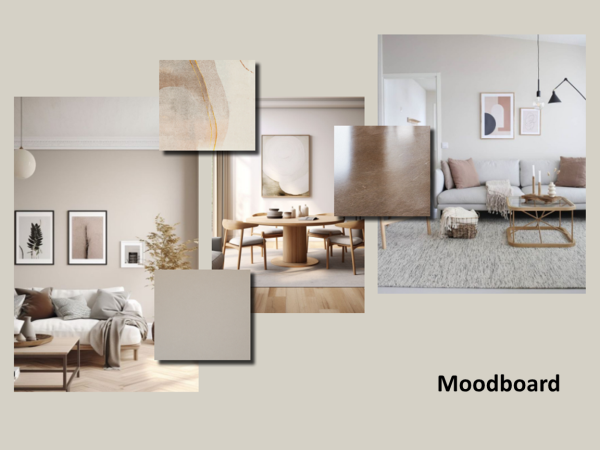 A visual mood board showcasing design elements for a living room, including a neutral color palette, wooden furniture, and minimalist decor.