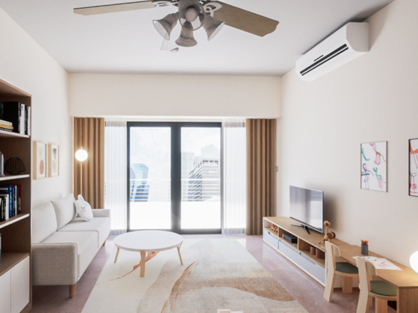 A modern living room with a neutral color palette, wooden furniture, and playful accents.