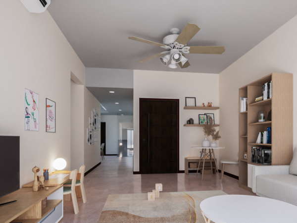 A modern living room with a neutral color palette, wooden furniture, and playful accents.