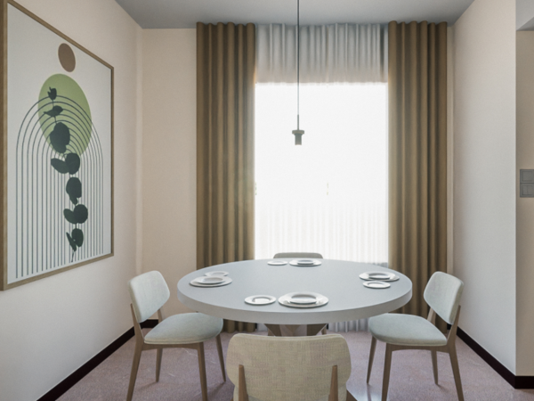 A minimalist dining nook with a round dining table, chairs, and a colorful abstract artwork.