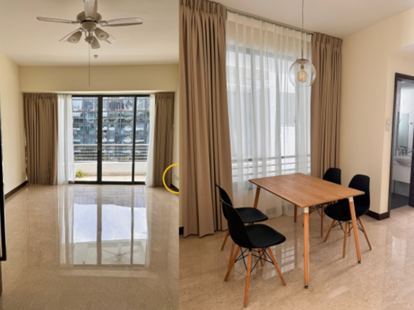 A photo showing a bare living room with tiled flooring, large windows, and a balcony door.