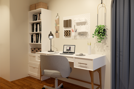 Small home office with pegboard wall organizer and hanging planter.