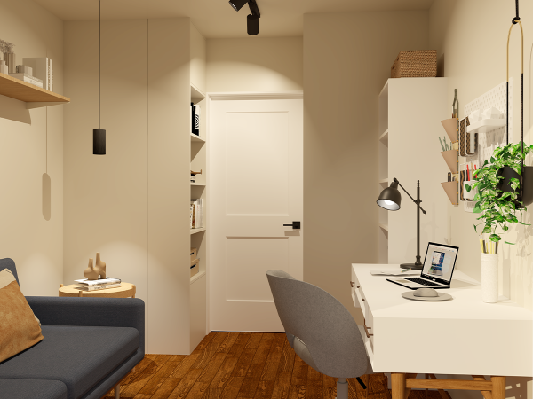 A small, well-lit home office with a white desk, chair, and built-in bookshelves.