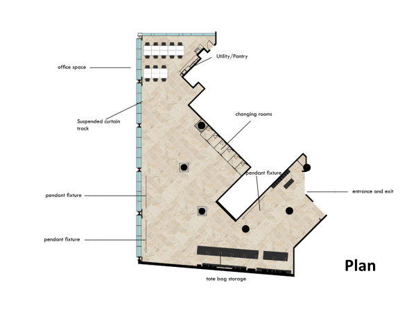 A floor plan of a retail store, showing the layout of the sales floor, office space, changing rooms, and storage areas.