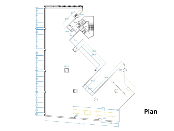A blueprint of a retail store layout, showing the floor plan with measurements and room designations.