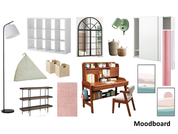 A visual mood board showcasing design elements for a child's room, including a study desk, bookshelf, bean bag chair, and wall art.