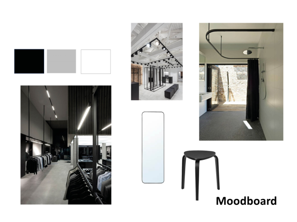 A mood board showcasing a minimalist interior design concept for a retail store, featuring a monochromatic color palette, clean lines, and industrial elements.