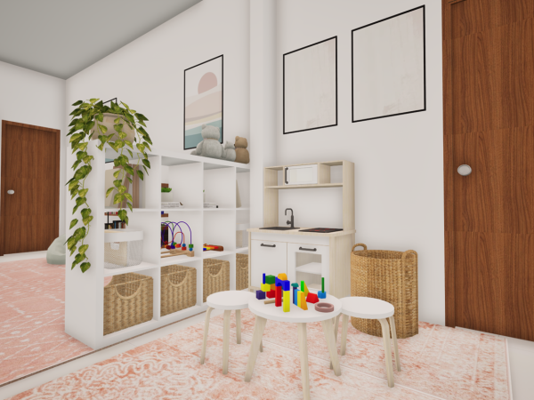 A child's room with a play area, storage shelves, and a toy kitchen.