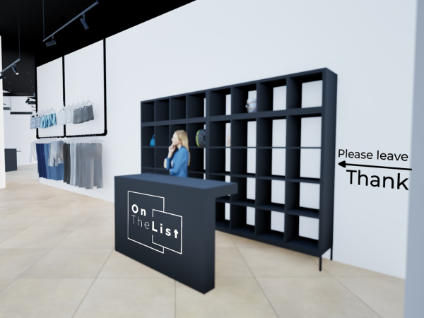 A minimalist retail store interior with a black counter, shelves, and a sign that says "Please leave. Thank you."