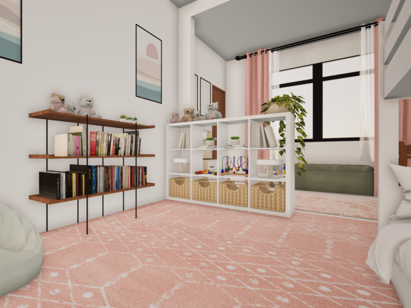 A child's room with a bed, study area, play area, and storage solutions.