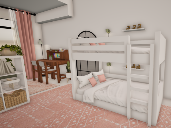 A child's bedroom with a bunk bed, study desk, and storage solutions.