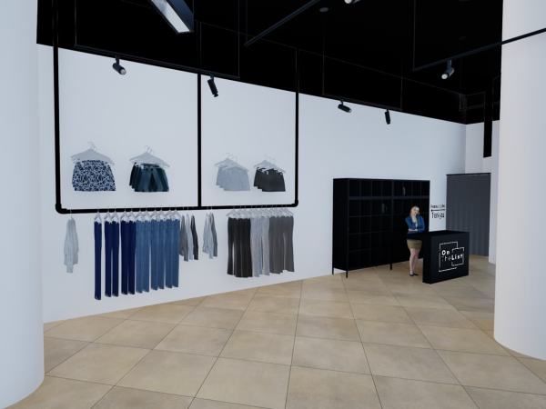 A minimalist retail store interior with clothing displayed on racks and a black counter.