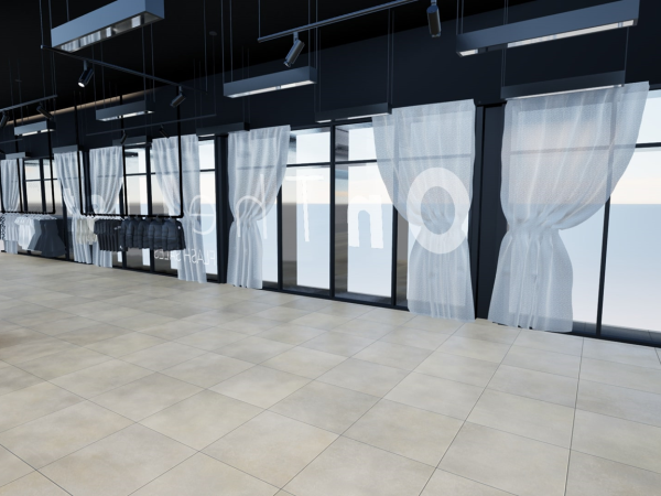 A minimalist retail store interior with a black ceiling, large windows with sheer curtains, and a tiled floor.