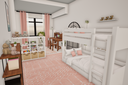 A child's bedroom with a bunk bed, study area, and play area.