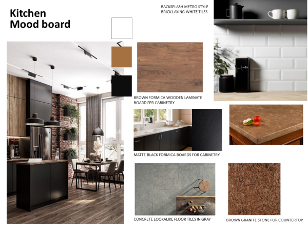 A visual mood board showcasing design elements for a kitchen renovation, including brown and black cabinetry, white subway tile backsplash, and a concrete-look floor.