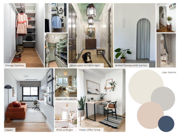 Mood board displaying renovation ideas, including storage solutions, arched doorways, glossy paint finishes, a simple office setup, neutral color palette, and fresh interior layouts.