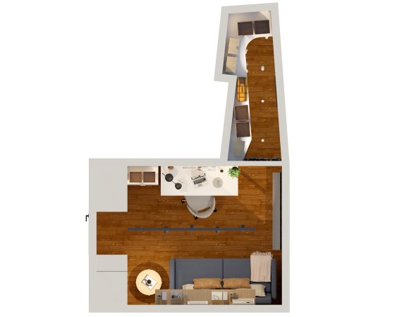 Top-down layout view of a renovated compact space with wooden floors, a living area, workspace, and functional furniture arrangement.