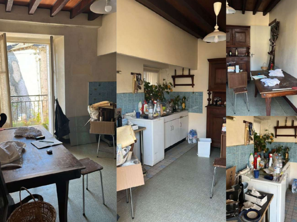 A collage of images showing a cluttered and outdated kitchen with exposed wooden beams, mismatched furniture, and various household items.