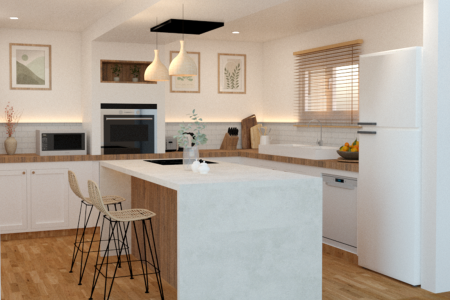 A modern kitchen with white cabinets, wood countertops, and a large island with bar stools.