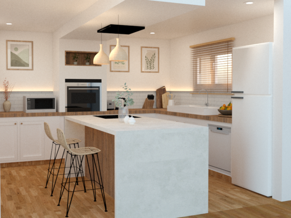 A modern kitchen with white cabinets, wood countertops, and a large island with bar stools.
