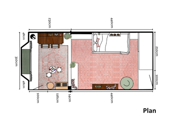 A floor plan of a children's room showing the layout of a bed, study area, play area, and storage solutions.