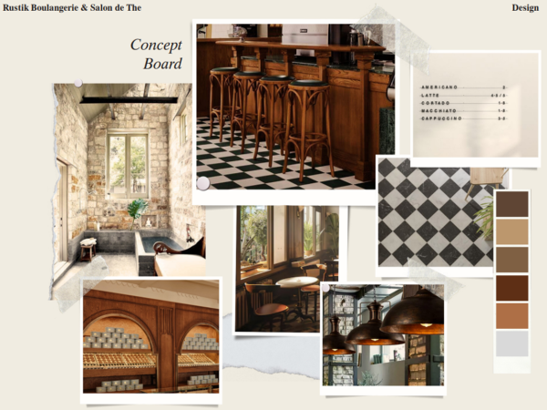 A mood board showcasing the design concept for a rustic bakery and tea room, featuring images of exposed brick walls, checkered tile floors, wooden furniture, and vintage-inspired lighting.