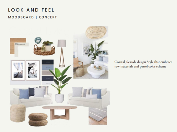 A visual mood board showcasing design elements for a coastal living room, including a neutral color palette, natural materials, and nautical accents.