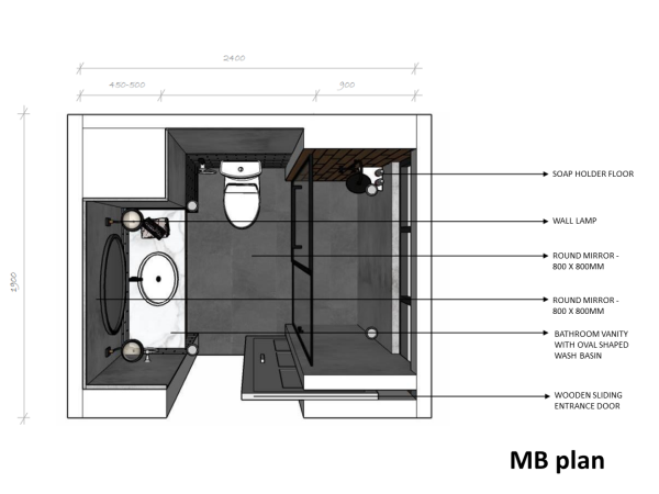 A floor plan of a master bathroom, showing a vanity with an oval sink, a toilet, a shower stall, and two round mirrors.
