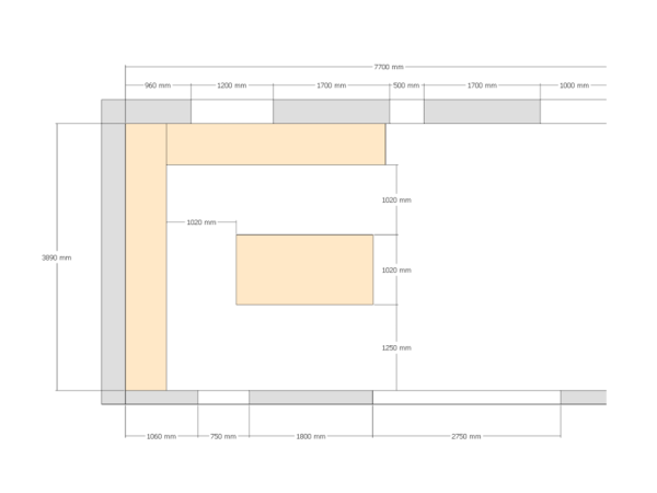 A floor plan of a kitchen showing the layout of cabinets, appliances, and countertops.