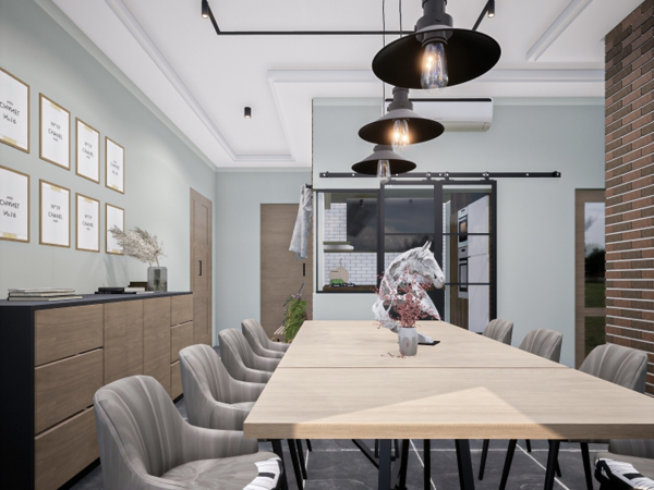 A modern dining room with a long wooden table, black metal chairs, and industrial lighting fixtures.